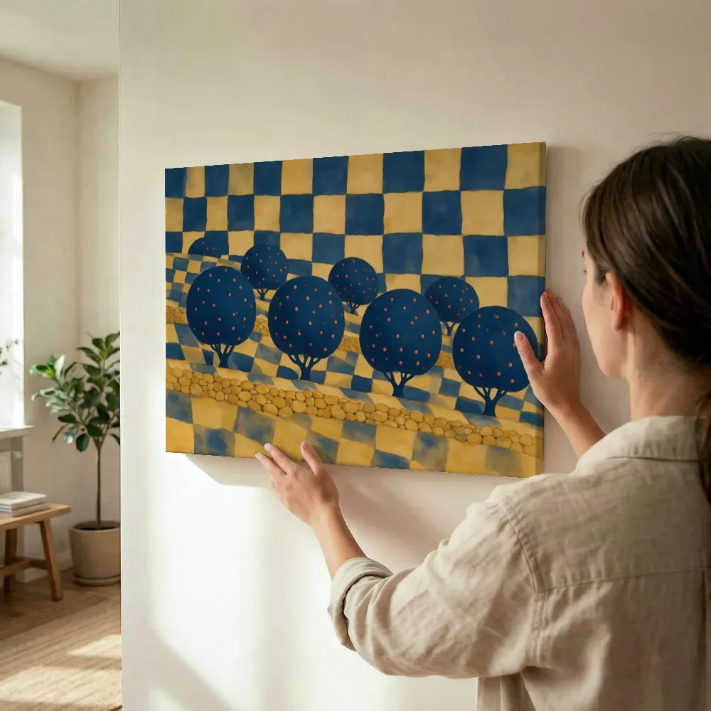 Sfeerimpressie: Olijfgaard op een helling in delftsblauw en mosterd terwijl het wordt opgehangen