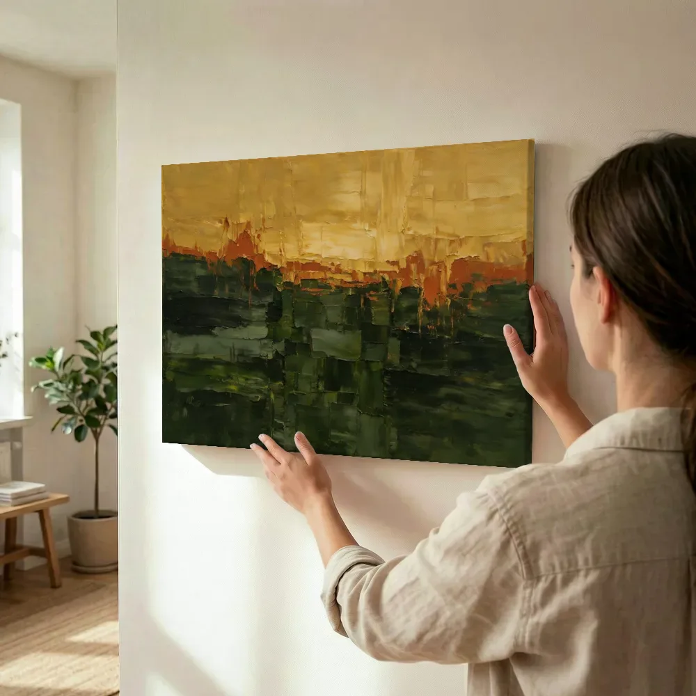 Sfeerimpressie: Olijfzwart en oker met hoge horizon terwijl het wordt opgehangen