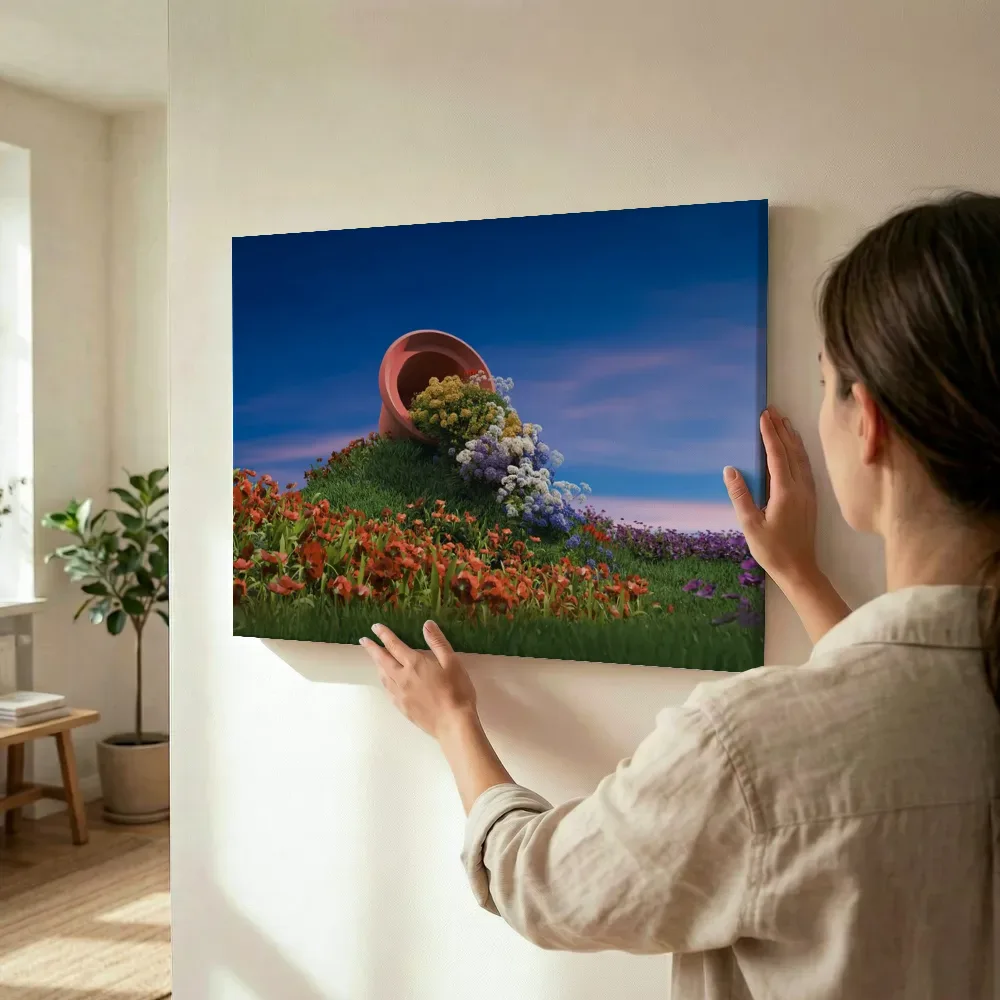 Sfeerimpressie: Omvallende bloempot vol kleurrijke bloemen terwijl het wordt opgehangen