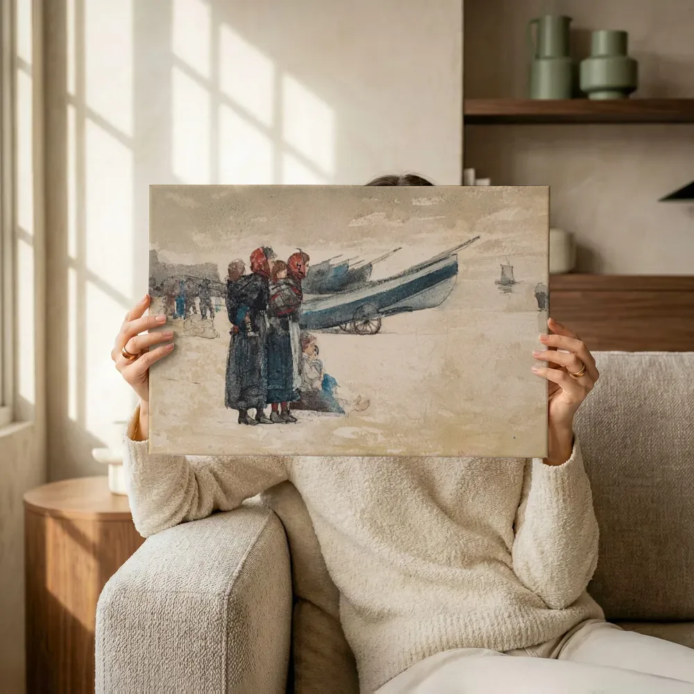 Sfeerimpressie: Op het strand, Tynemouth van Winslow Homer terwijl het omhoog wordt gehouden