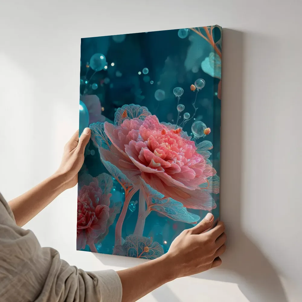 Sfeerimpressie: Onderwaterbloesem in turquoise diepte terwijl het aan de muur wordt gehangen