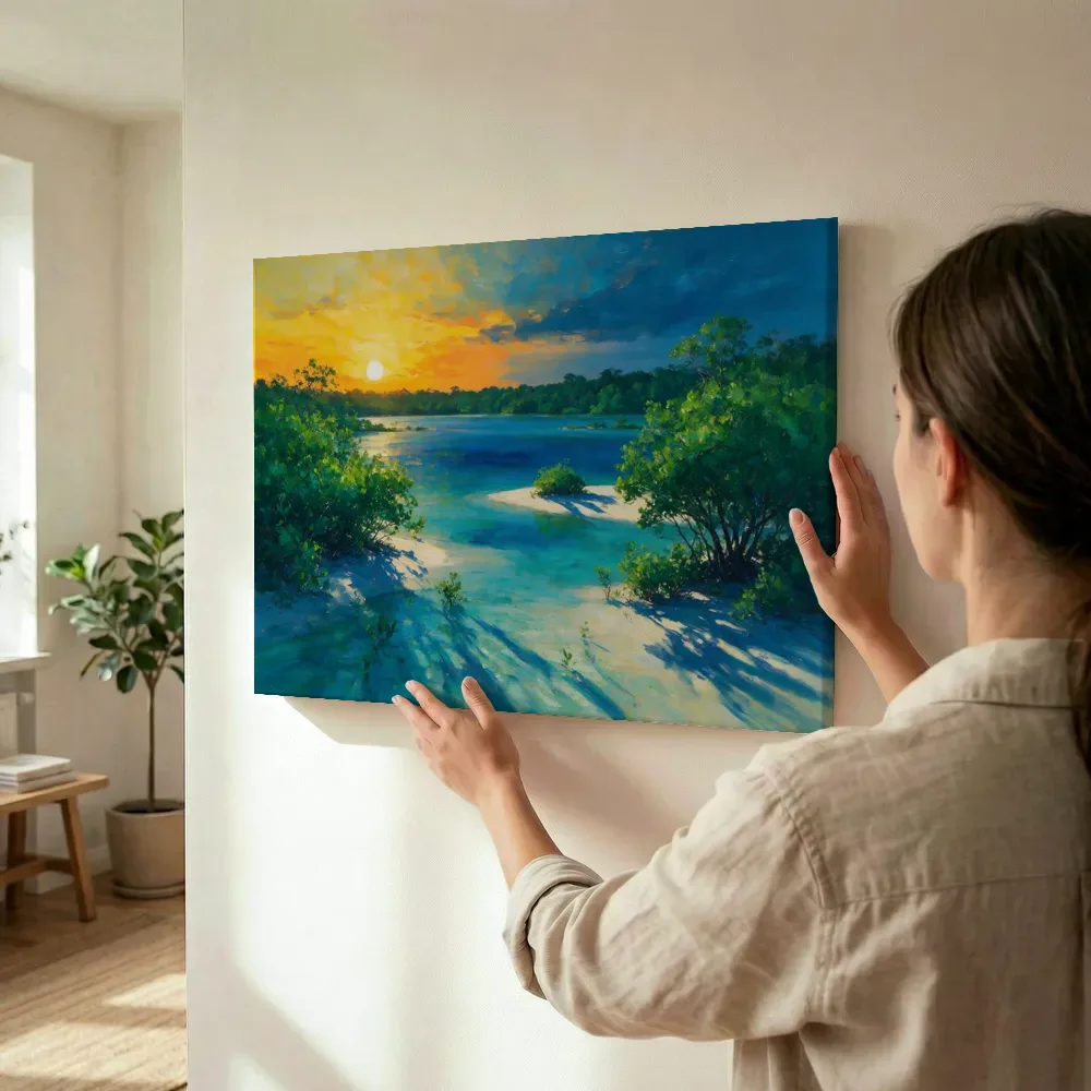 Sfeerimpressie: Ondiep water boven zand in de tropen terwijl het wordt opgehangen