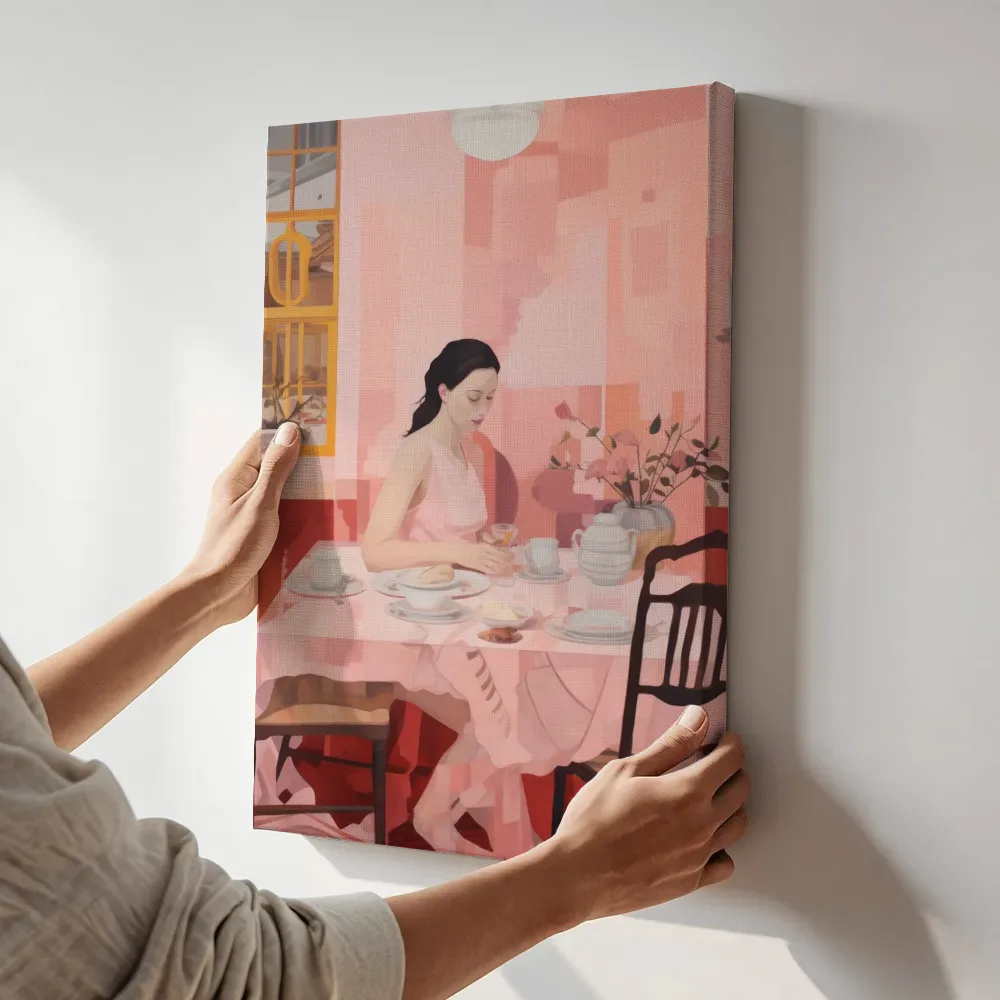 Sfeerimpressie: Ontbijt in roze interieur terwijl het aan de muur wordt gehangen