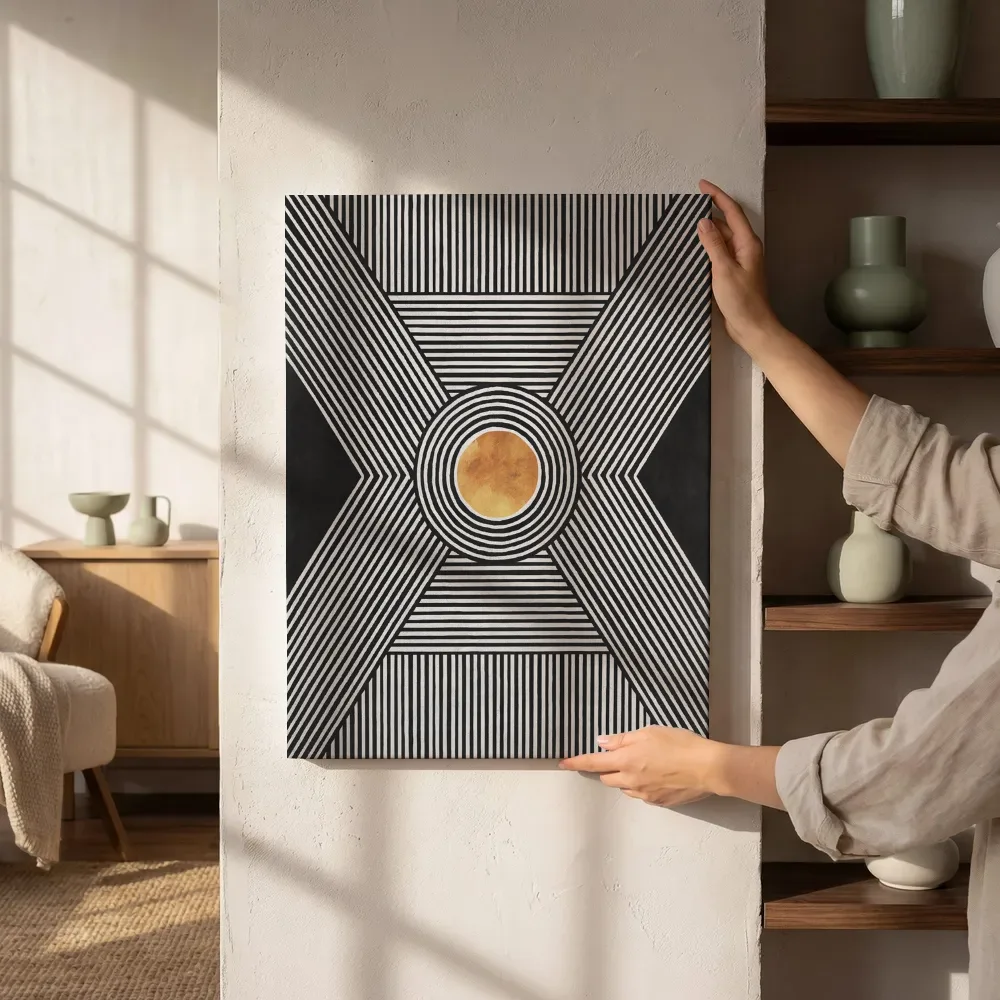 Sfeerimpressie: Op-art x-vorm met gouden cirkel naast de kast