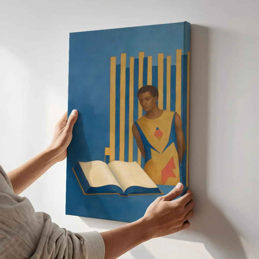 Sfeerimpressie: Opengeslagen boek in delftsblauw en mosterd terwijl het aan de muur wordt gehangen