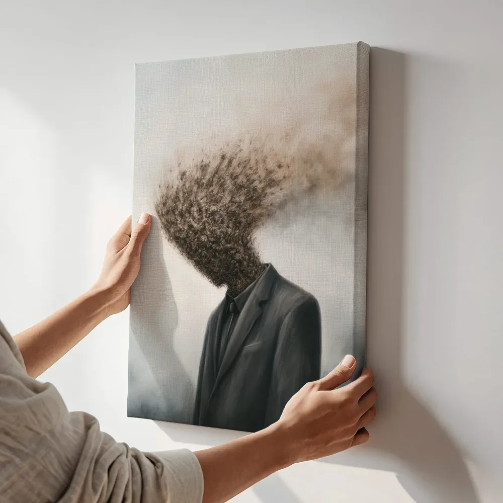 Sfeerimpressie: Oplossend stof hoofd man terwijl het aan de muur wordt gehangen