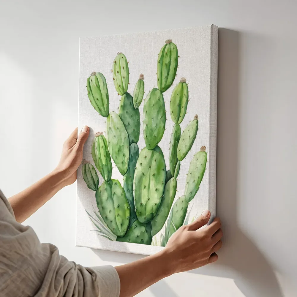 Sfeerimpressie: Opuntia cactus illustratie terwijl het aan de muur wordt gehangen