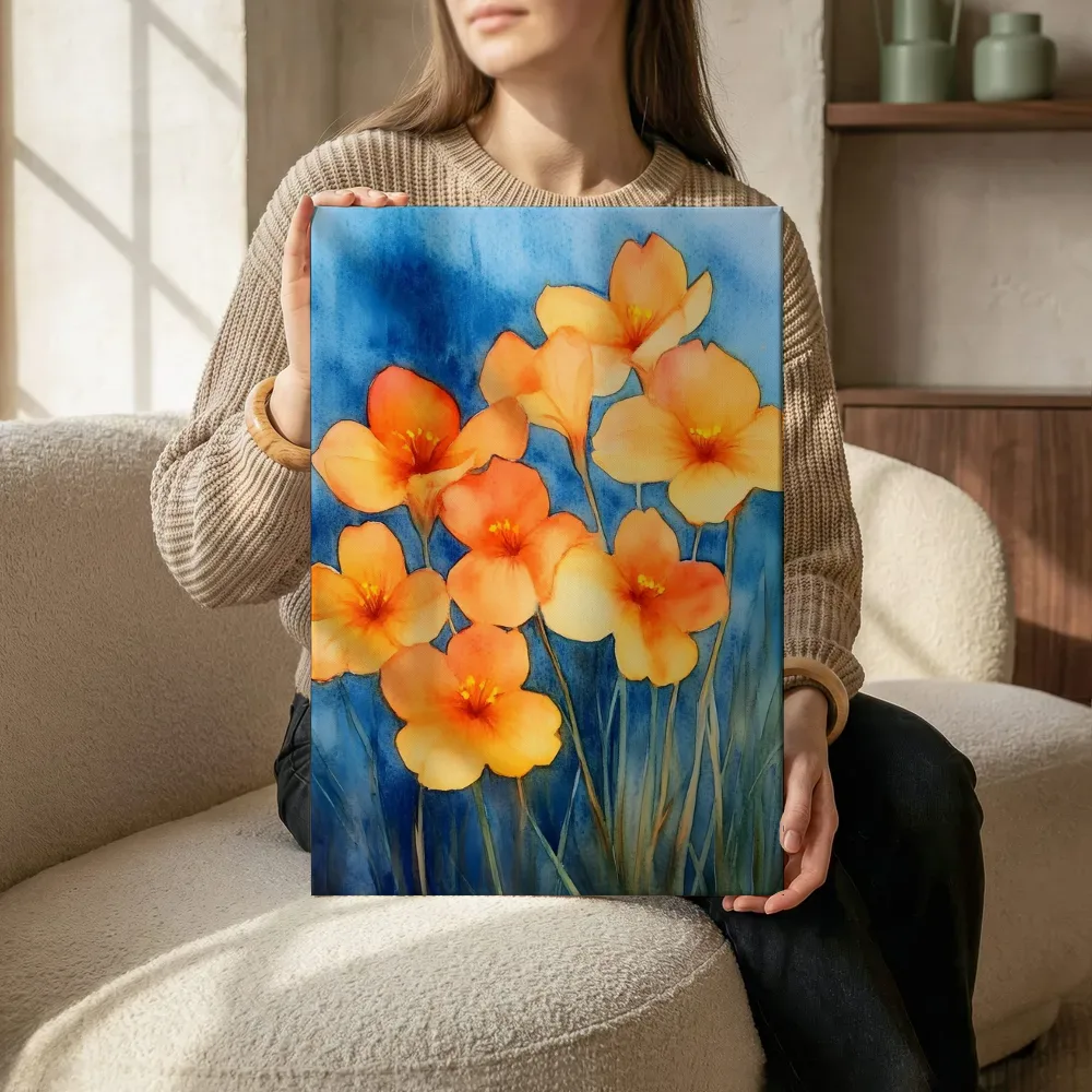 Sfeerimpressie: Oranje bloemen op blauwe achtergrond terwijl het zittend wordt getoond