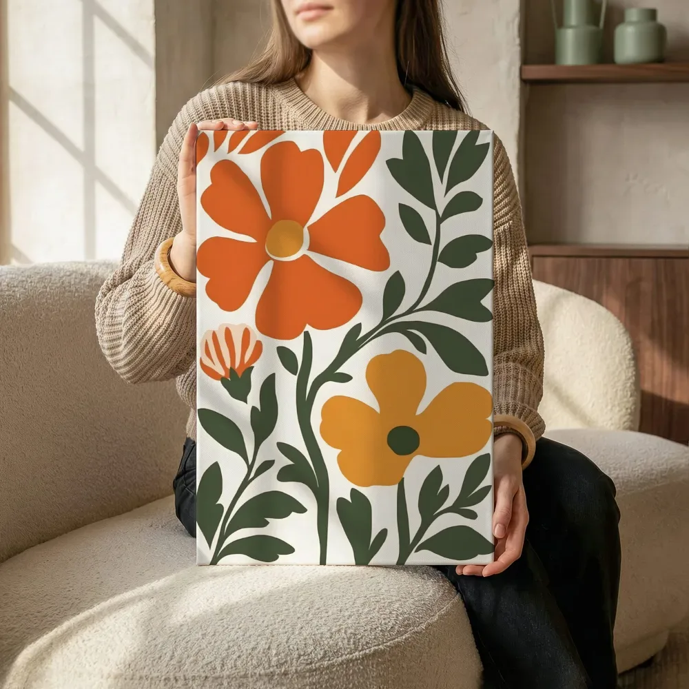 Sfeerimpressie: Oranje bloemen met groene bladeren terwijl het zittend wordt getoond