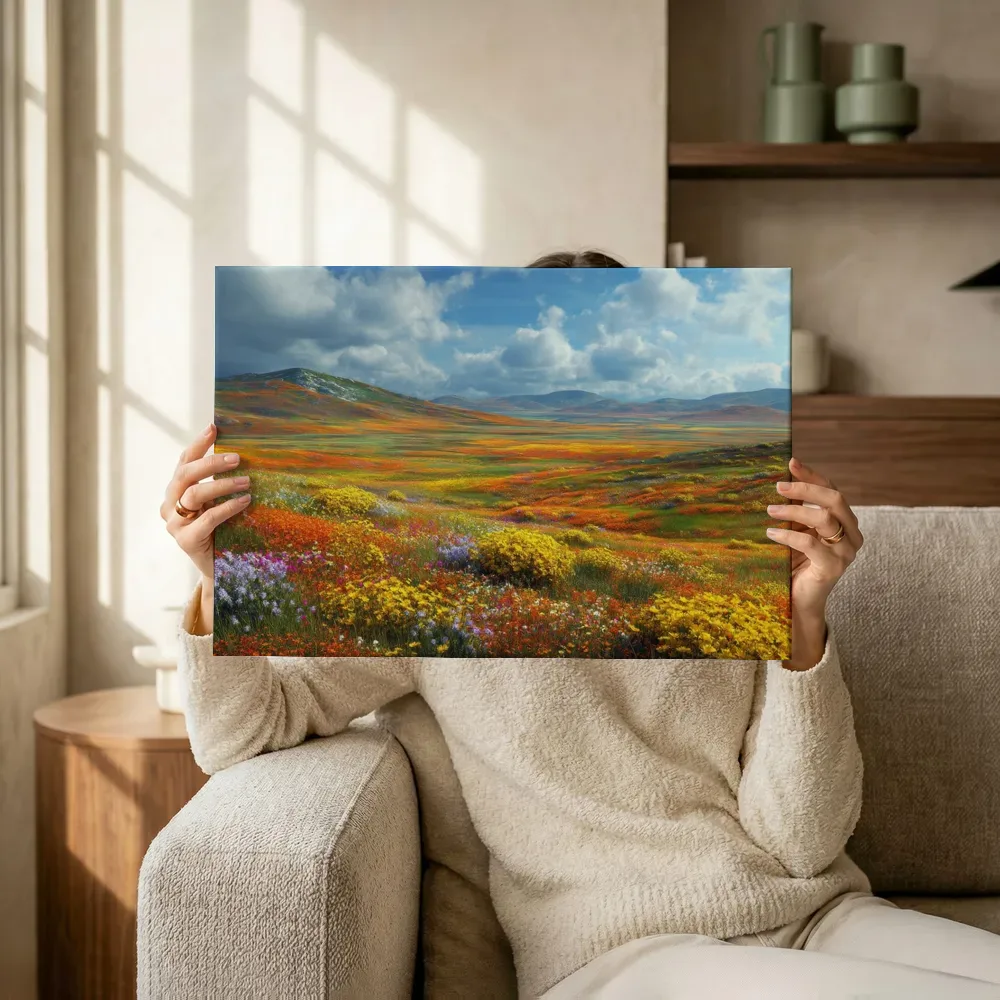 Sfeerimpressie: Oranje bloementapijt in de vallei terwijl het omhoog wordt gehouden