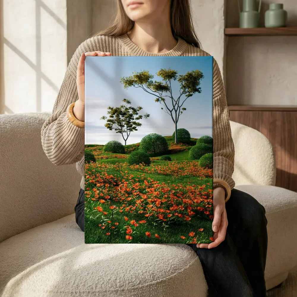 Sfeerimpressie: Oranje bloemenveld met solitaire bomen terwijl het zittend wordt getoond