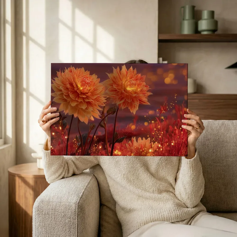 Sfeerimpressie: Oranje dahlia's bij zonsondergang terwijl het omhoog wordt gehouden