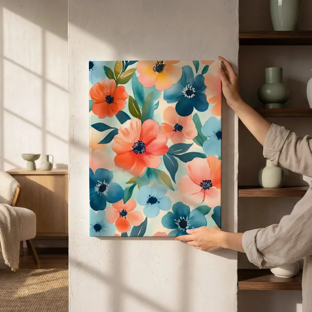 Sfeerimpressie: Bloemenpatroon in oranje en blauw naast de kast