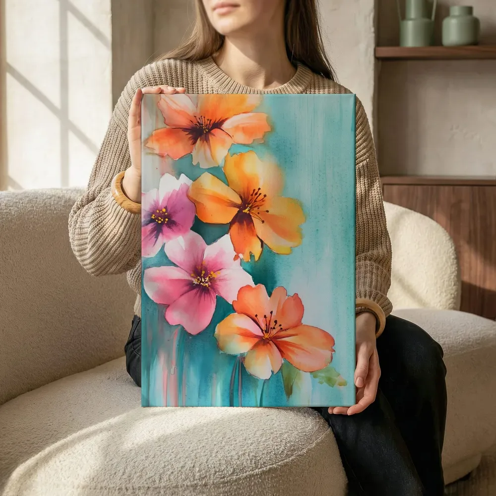 Sfeerimpressie: Oranje en magenta bloemen op turquoise terwijl het zittend wordt getoond