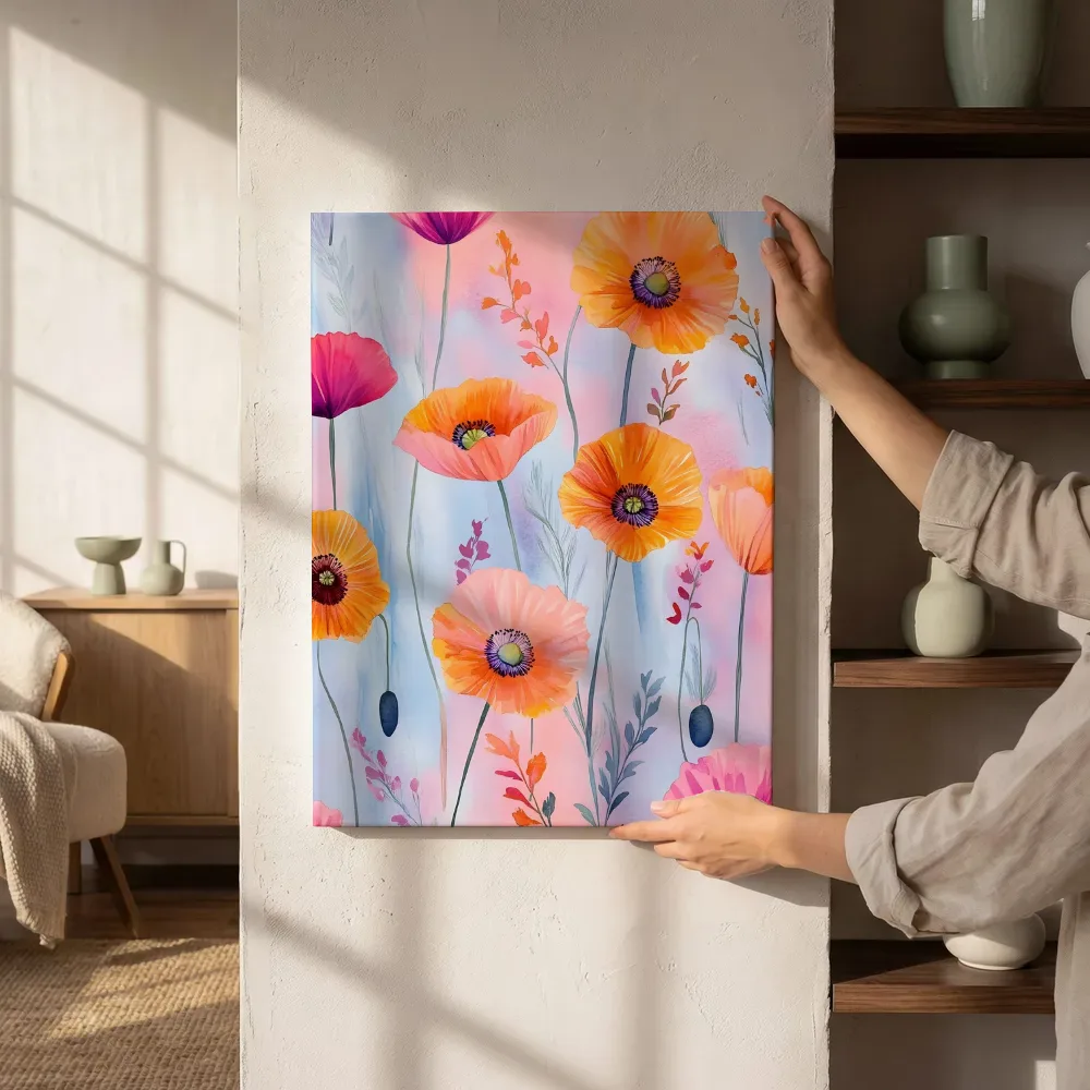 Sfeerimpressie: Oranje en magenta papavers pastel naast de kast