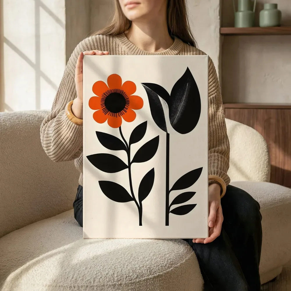 Sfeerimpressie: Oranje gerbera met zwarte bladeren terwijl het zittend wordt getoond