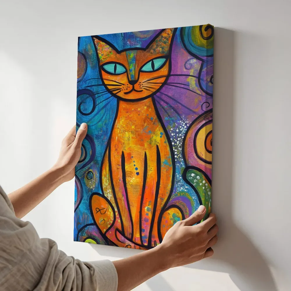 Sfeerimpressie: Oranje kat kleurrijke swirl terwijl het aan de muur wordt gehangen