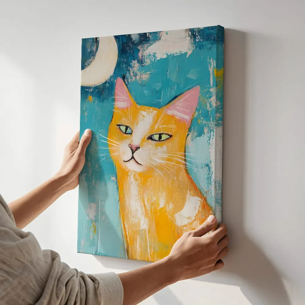 Sfeerimpressie: Oranje kat met roze oren en maan schilderij terwijl het aan de muur wordt gehangen