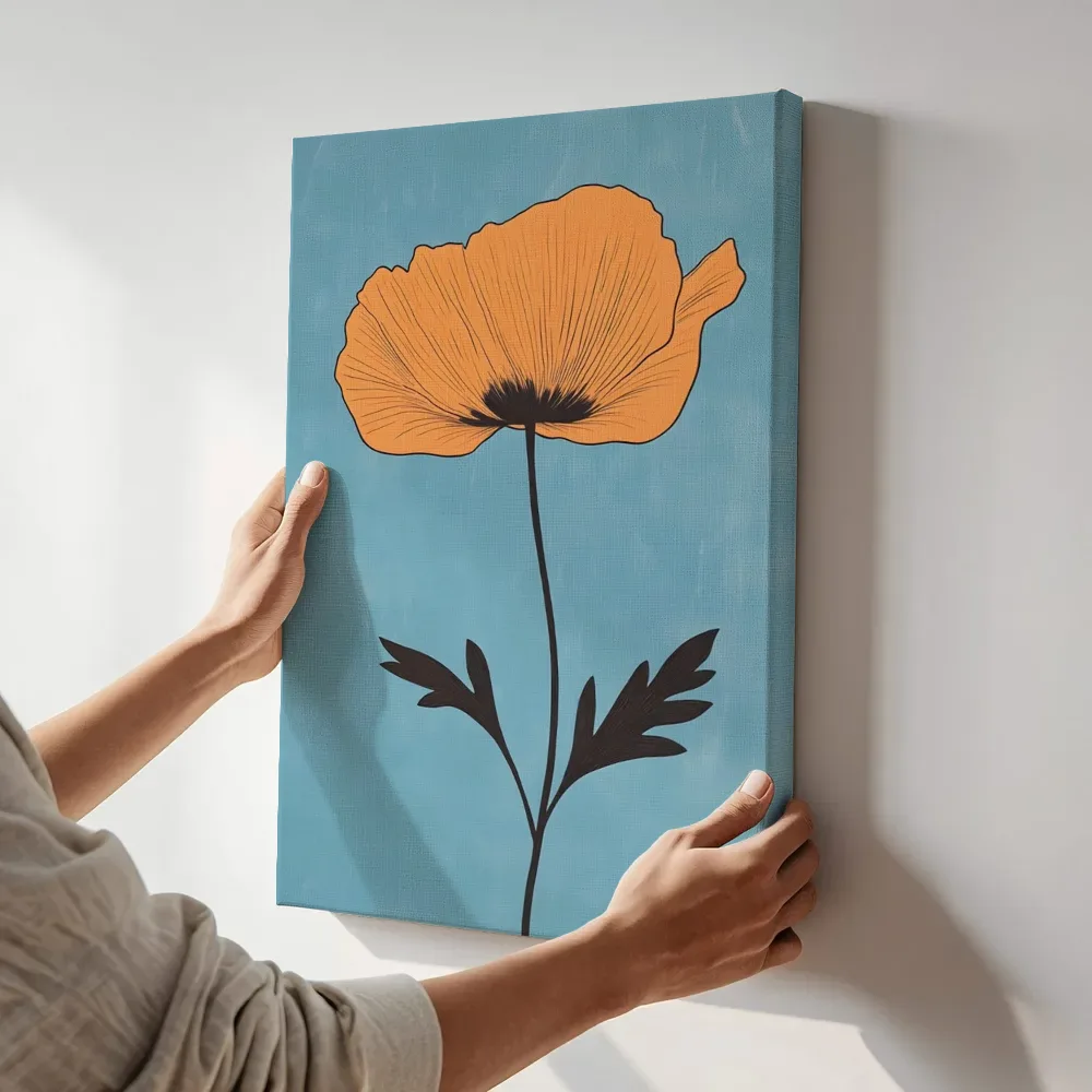 Sfeerimpressie: Oranje klaproos op blauw terwijl het aan de muur wordt gehangen