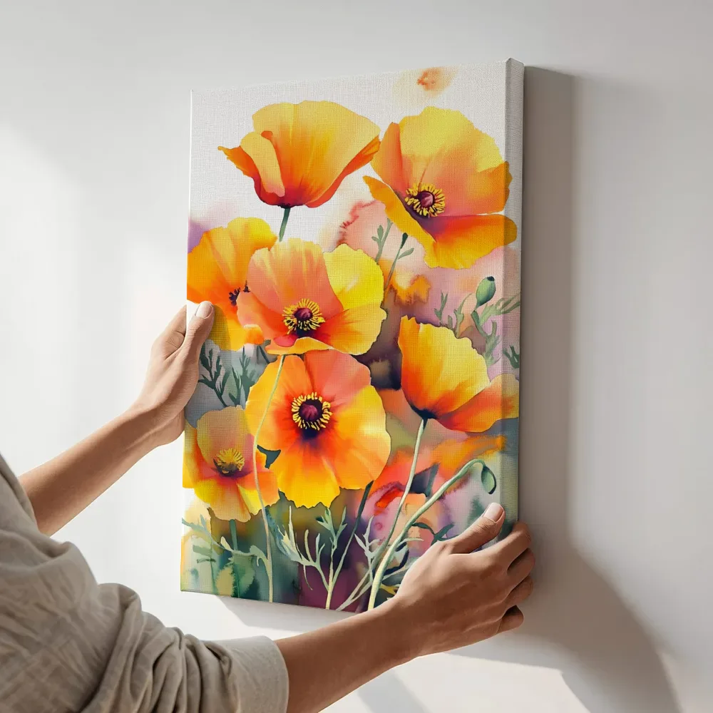 Sfeerimpressie: Oranje klaprozen boeket terwijl het aan de muur wordt gehangen