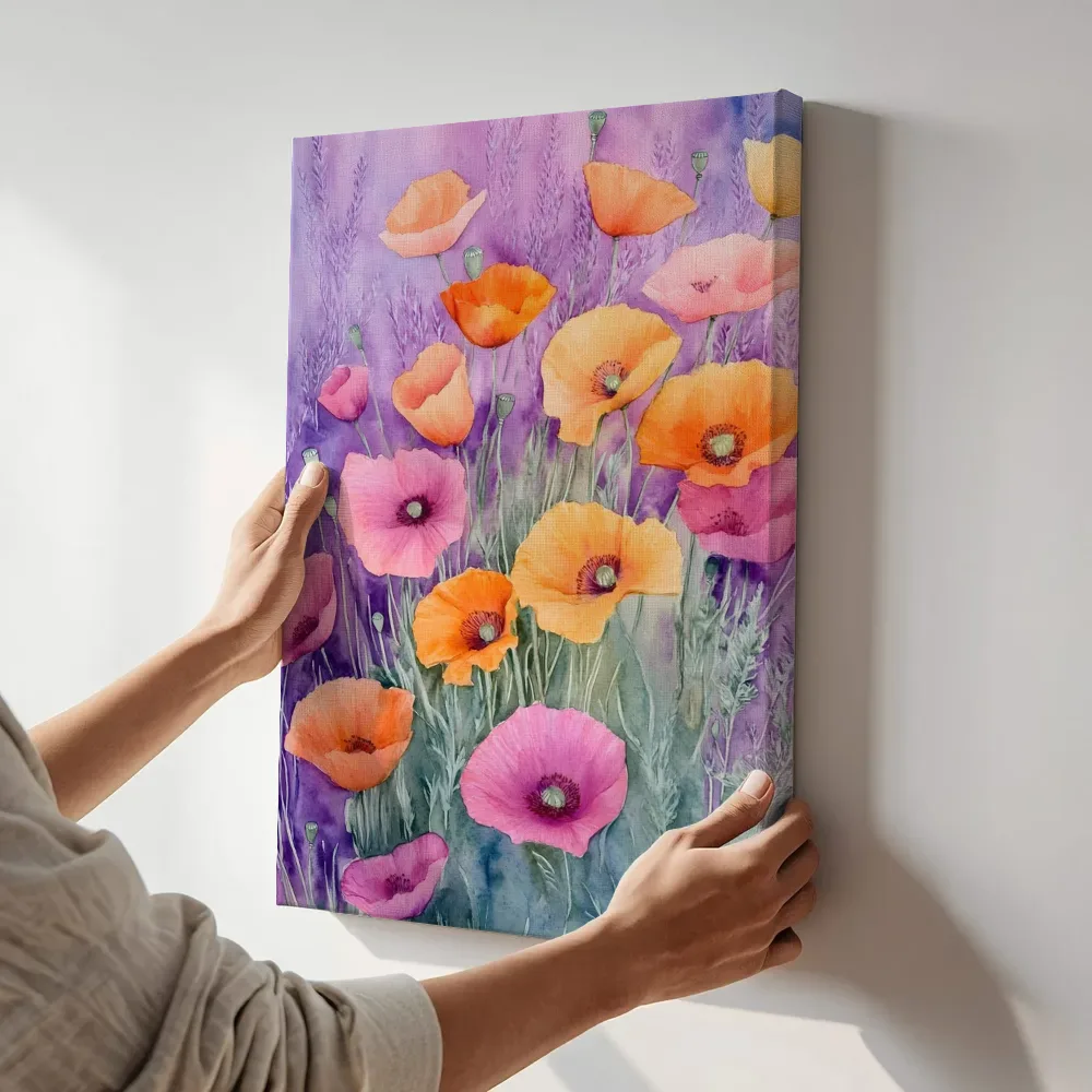 Sfeerimpressie: Oranje klaprozen op lavendelveld terwijl het aan de muur wordt gehangen