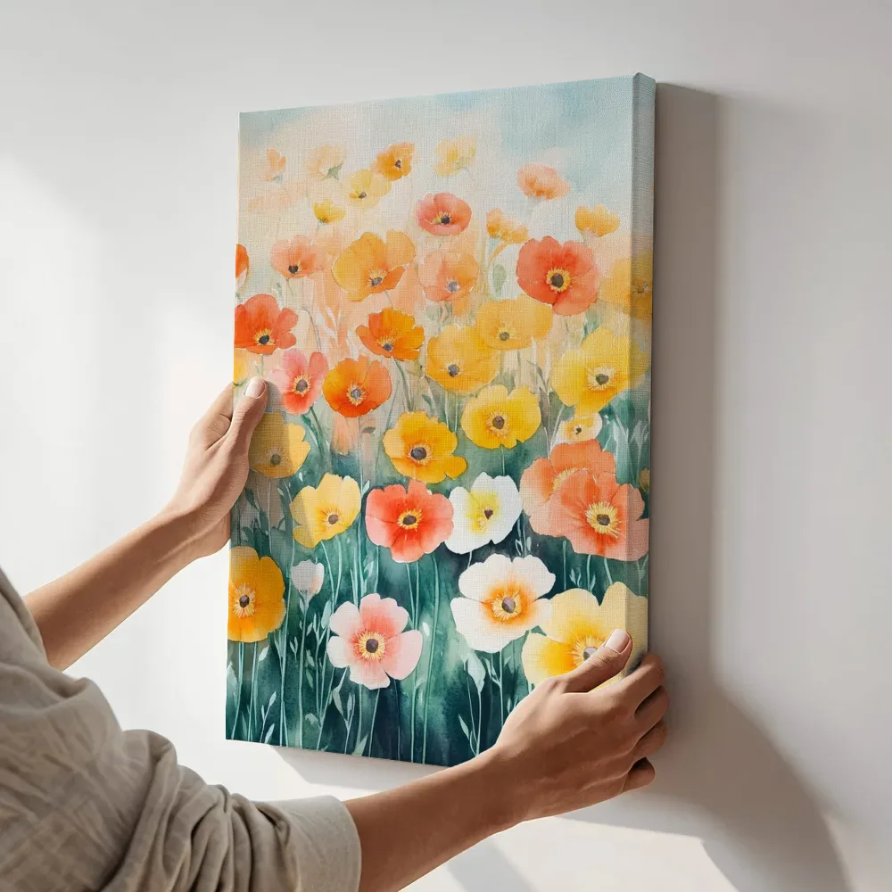 Sfeerimpressie: Oranje klaprozenveld terwijl het aan de muur wordt gehangen