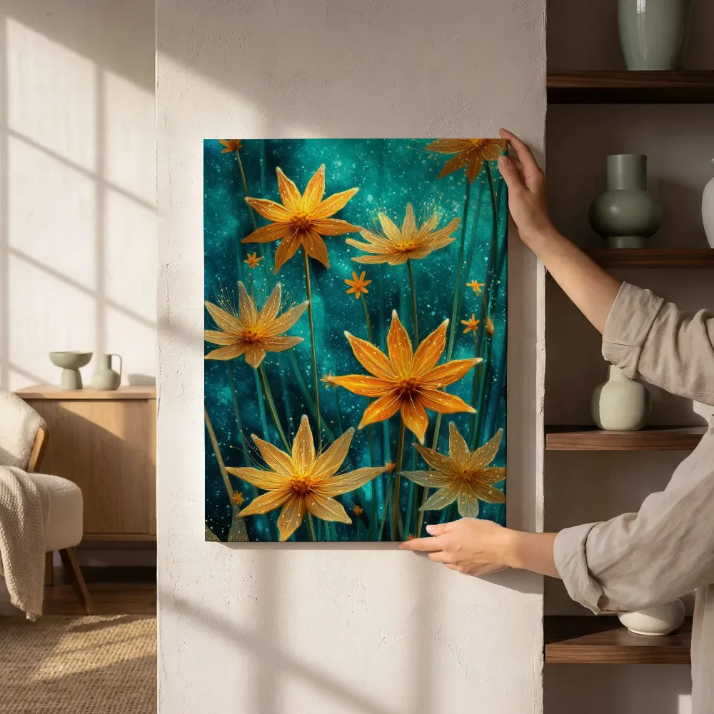Sfeerimpressie: Oranje lichtbloemen bij nacht naast de kast