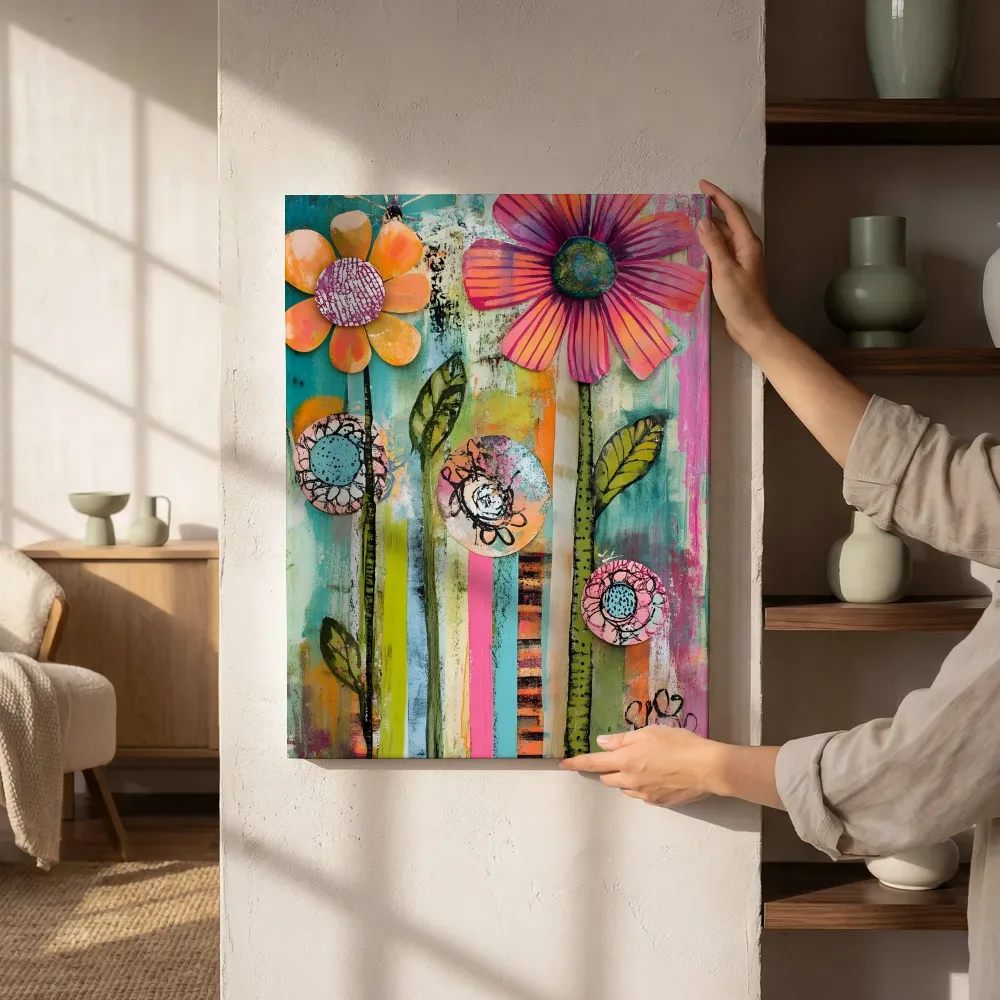 Sfeerimpressie: Oranje magenta bloemen medaillons naast de kast