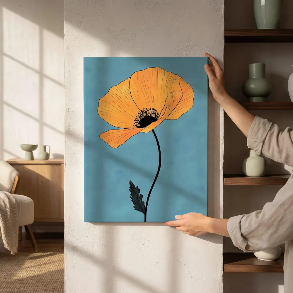 Sfeerimpressie: Oranje papaver lijntekening naast de kast