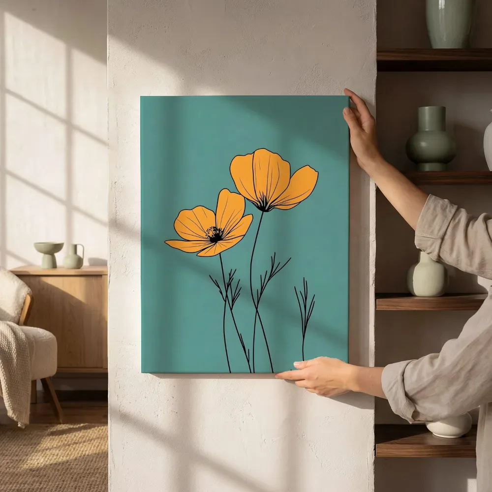 Sfeerimpressie: Oranje papavers lijntekening naast de kast