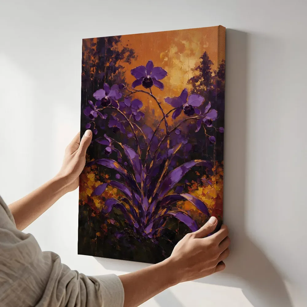 Sfeerimpressie: Orchidee aan de bosrand in paarsoranje terwijl het aan de muur wordt gehangen