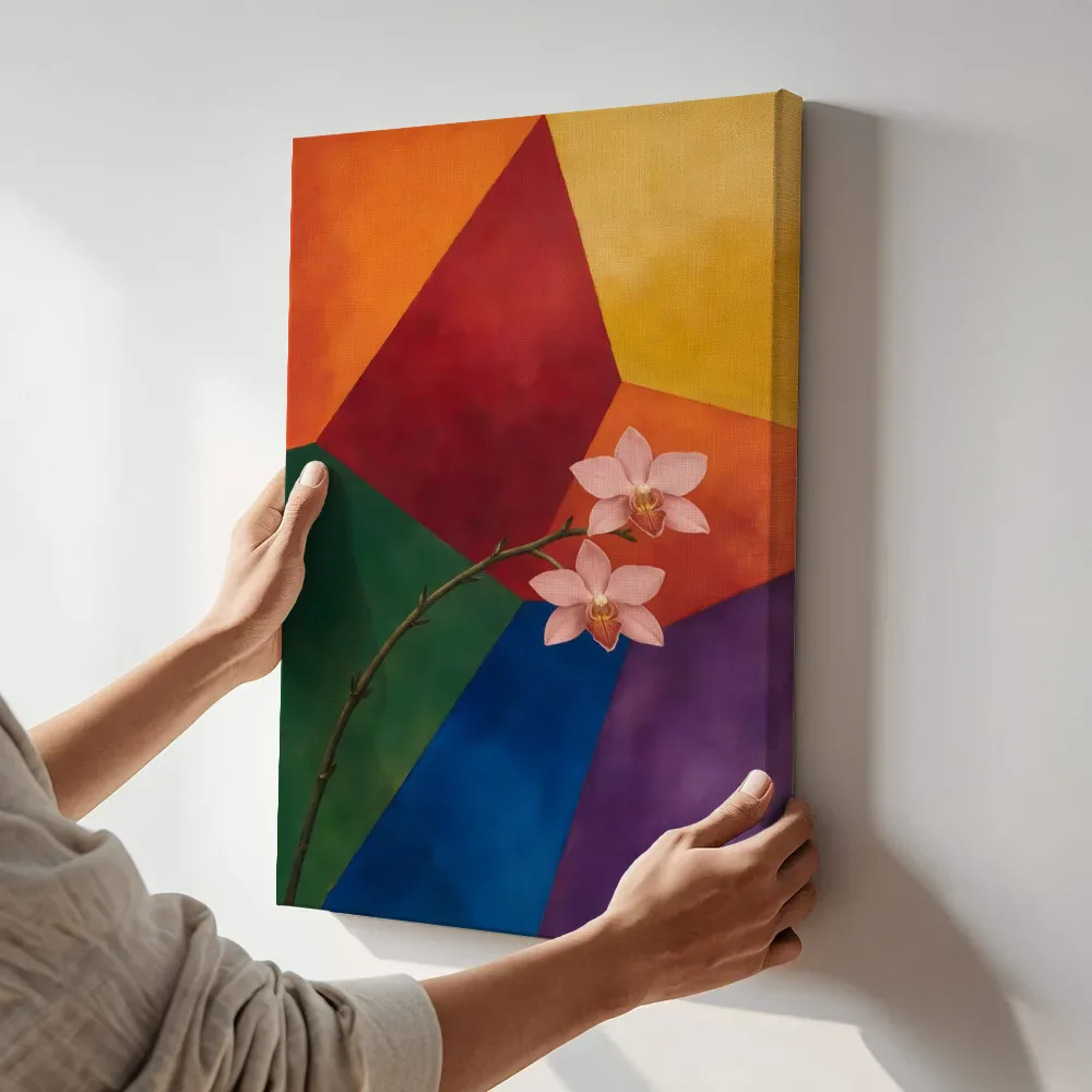 Sfeerimpressie: Orchidee in alle kleuren van de regenboog terwijl het aan de muur wordt gehangen