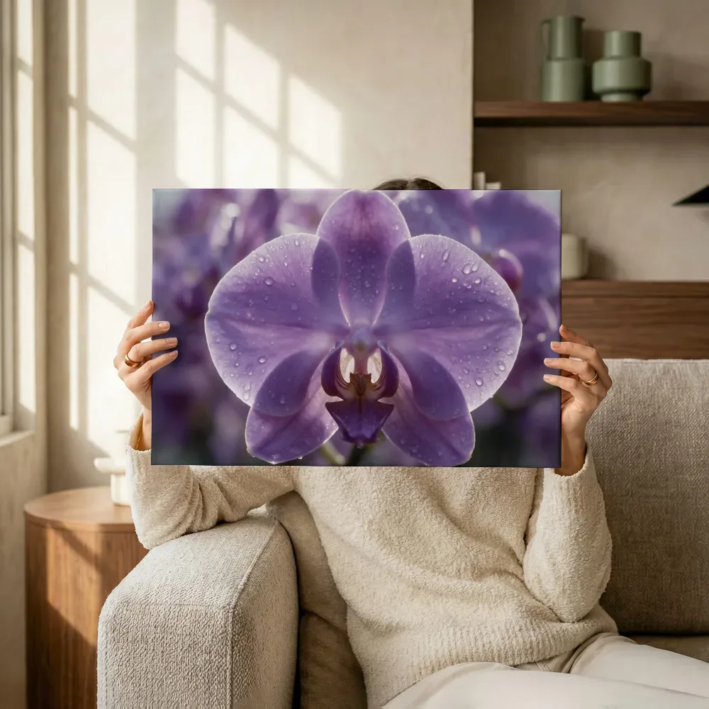Sfeerimpressie: Orchidee in dauw, glinsterlicht, zachtpaars 2 terwijl het omhoog wordt gehouden