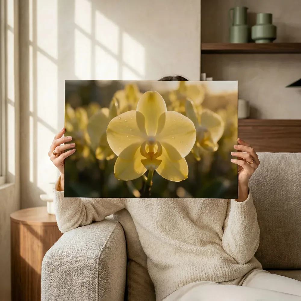 Sfeerimpressie: Orchidee in dauw, gouden gloed, bleekgeel terwijl het omhoog wordt gehouden
