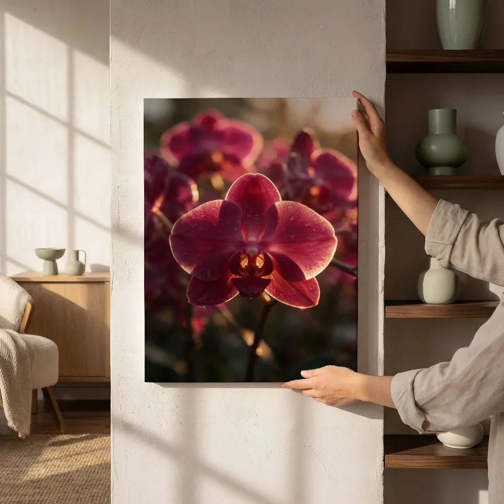 Sfeerimpressie: Orchidee in dauw, gouden gloed, dieproze naast de kast