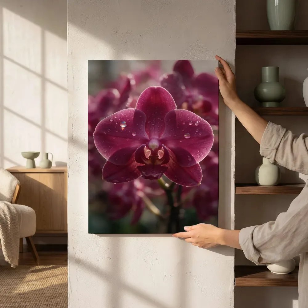 Sfeerimpressie: Orchidee in dauw, regenboogglans, dieproze naast de kast