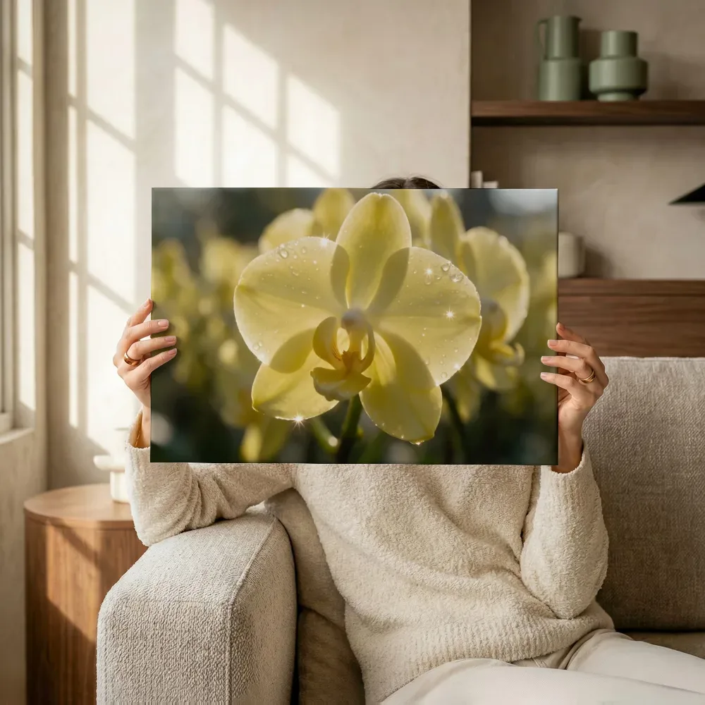 Sfeerimpressie: Orchidee in dauw, sterrenglans, bleekgeel terwijl het omhoog wordt gehouden