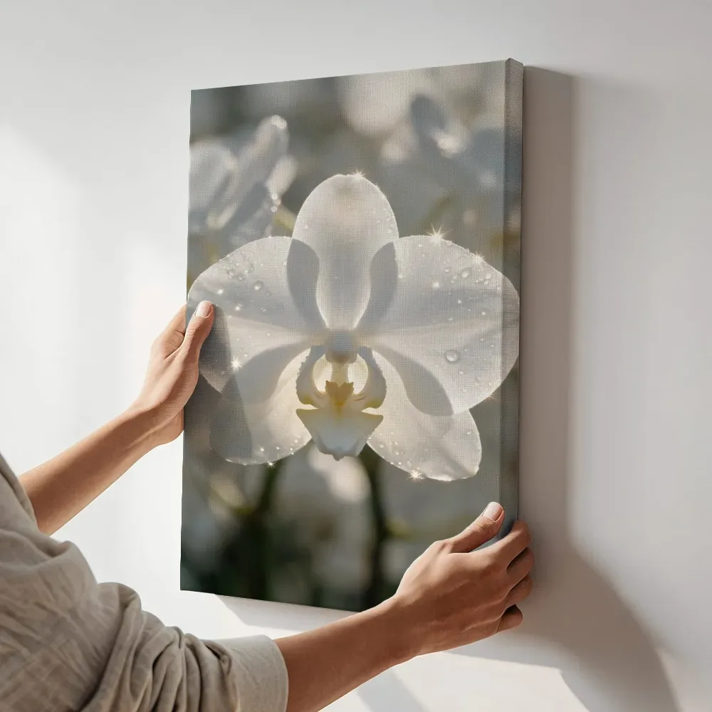 Sfeerimpressie: Orchidee in dauw, sterrenglans, wit terwijl het aan de muur wordt gehangen