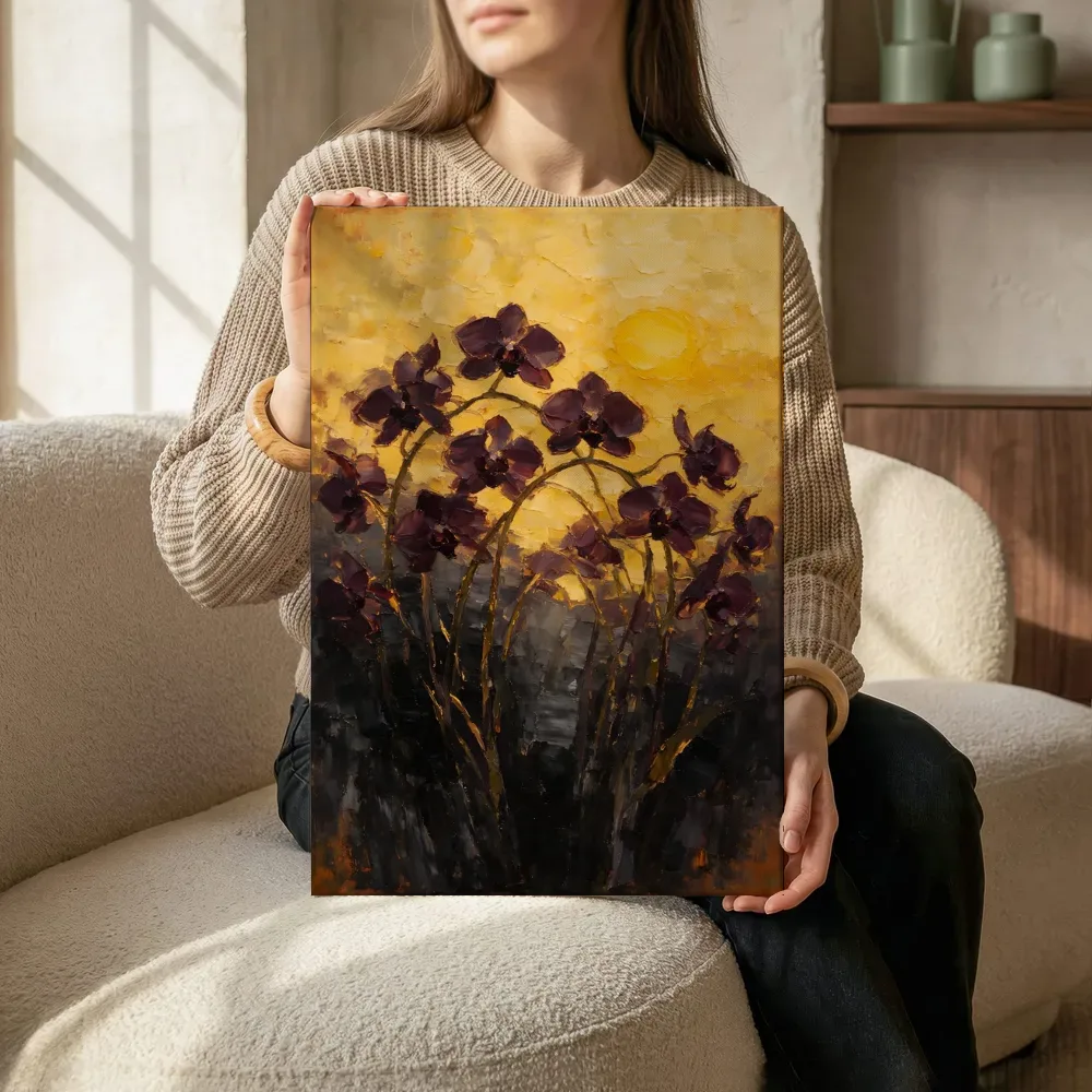 Sfeerimpressie: Orchidee in groepjes in aubergine terwijl het zittend wordt getoond