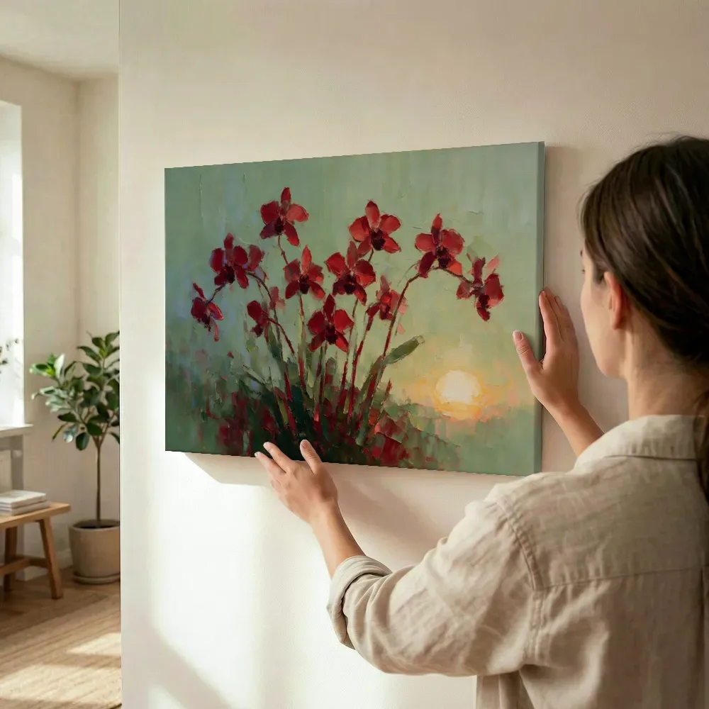 Sfeerimpressie: Orchidee in groepjes in karmozijn terwijl het wordt opgehangen