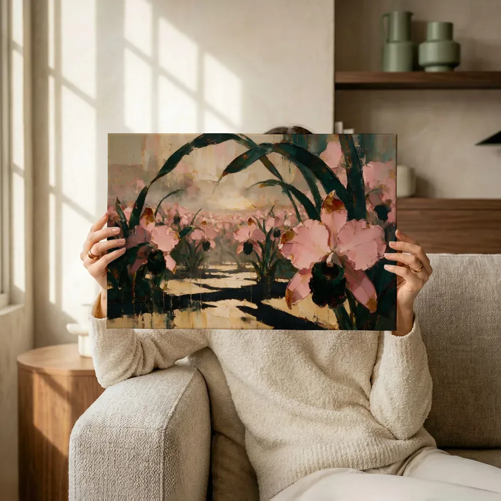 Sfeerimpressie: Orchidee in het landschap in groenroze terwijl het omhoog wordt gehouden