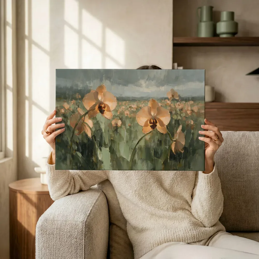 Sfeerimpressie: Orchidee in het landschap in perzik terwijl het omhoog wordt gehouden