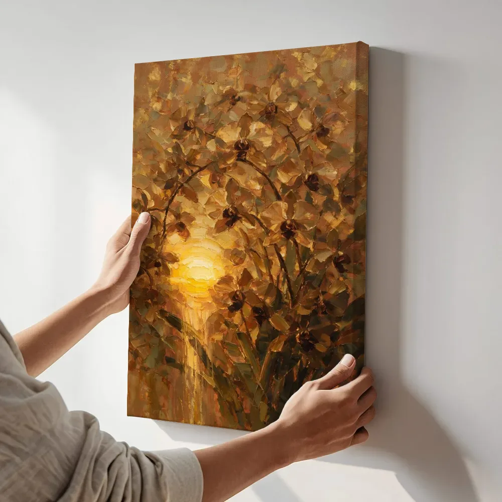 Sfeerimpressie: Orchidee in kopergloed terwijl het aan de muur wordt gehangen