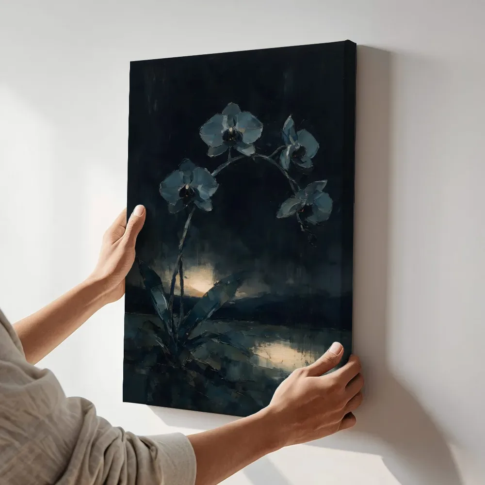 Sfeerimpressie: Orchidee in leisteen terwijl het aan de muur wordt gehangen