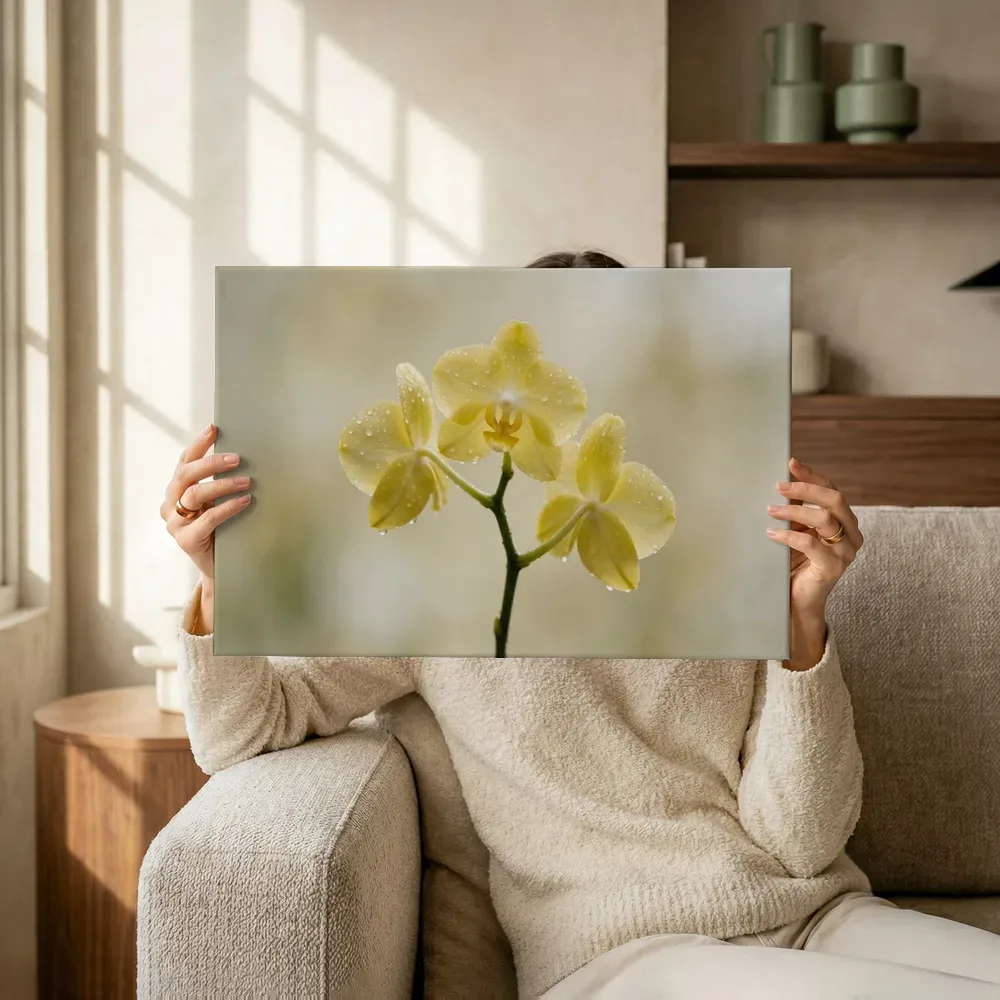 Sfeerimpressie: Orchidee in na de regen, bleekgeel 4 terwijl het omhoog wordt gehouden