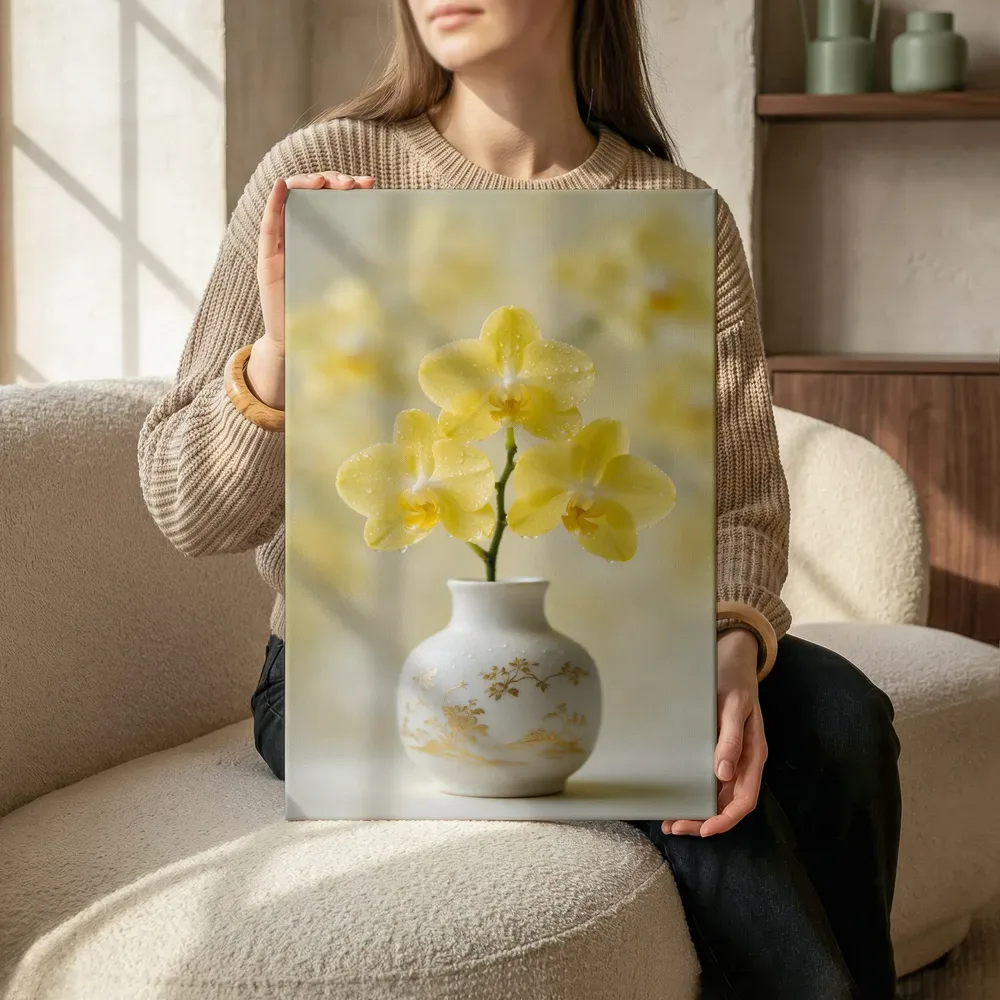 Sfeerimpressie: Orchidee in na de regen, bleekgeel terwijl het zittend wordt getoond