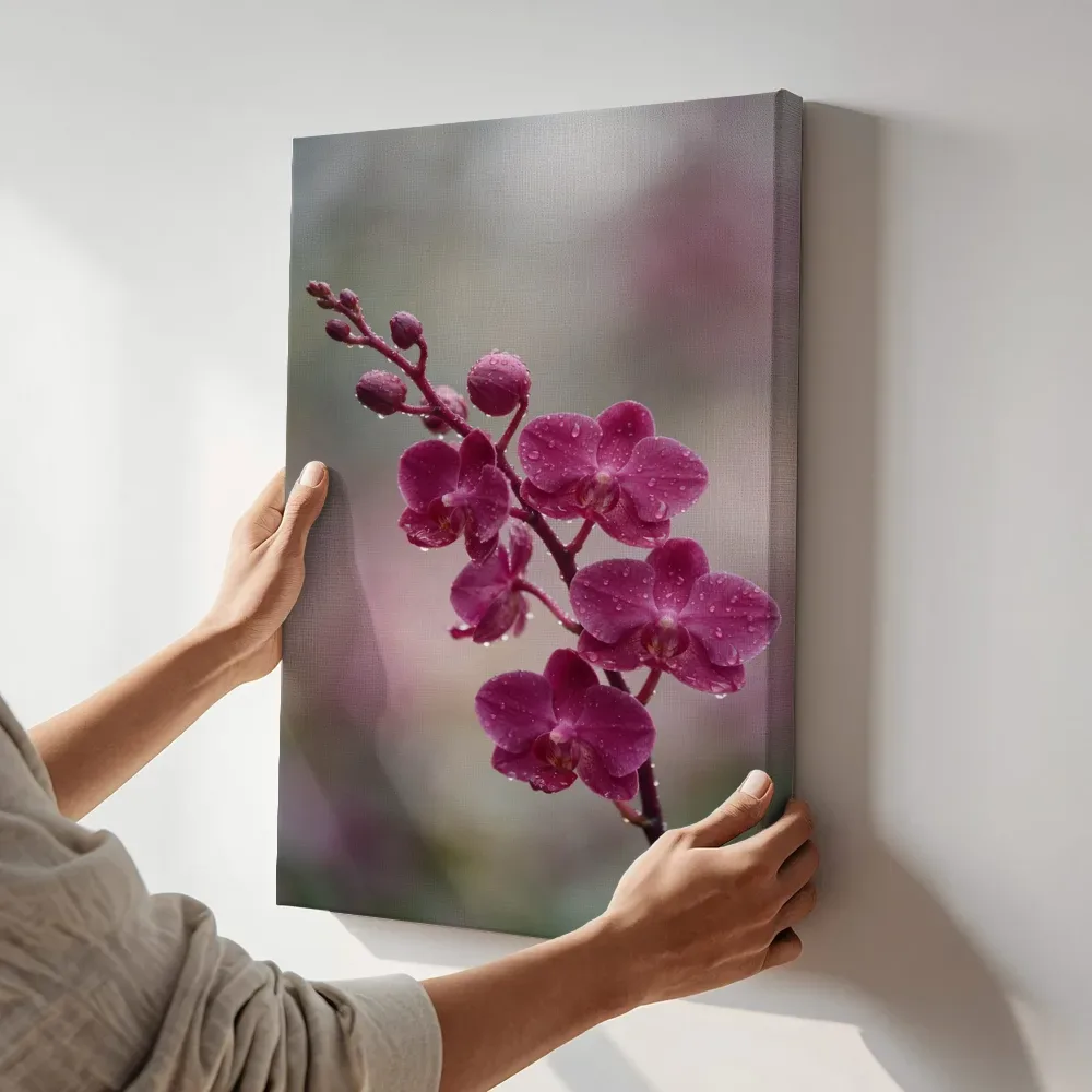Sfeerimpressie: Orchidee in na de regen, dieproze 3 terwijl het aan de muur wordt gehangen