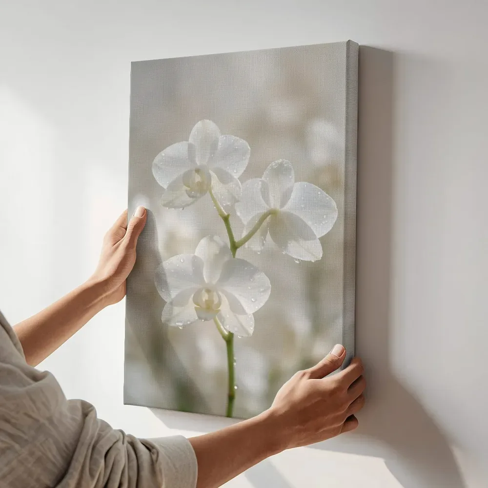 Sfeerimpressie: Orchidee in na de regen, wit 3 terwijl het aan de muur wordt gehangen
