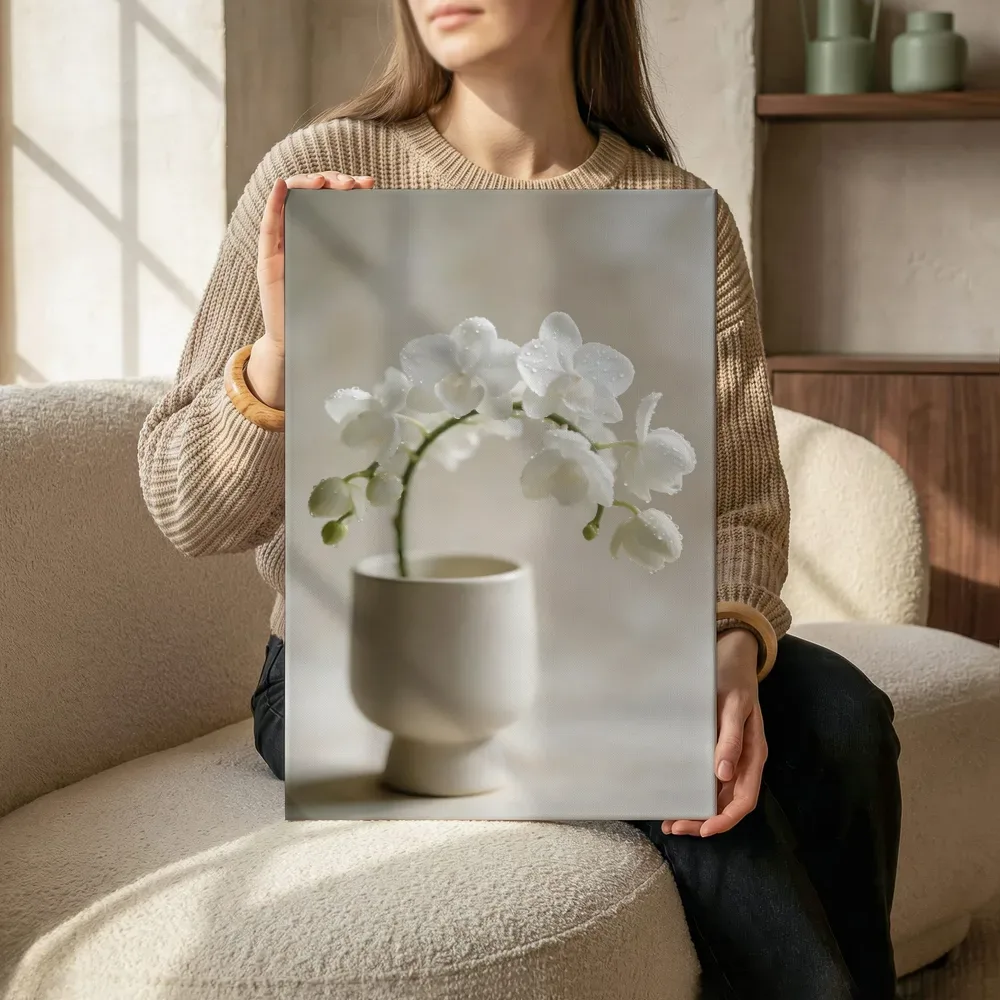 Sfeerimpressie: Orchidee in na de regen, wit terwijl het zittend wordt getoond