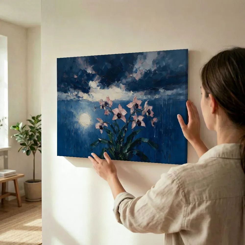 Sfeerimpressie: Orchidee onder een storm in groenroze terwijl het wordt opgehangen